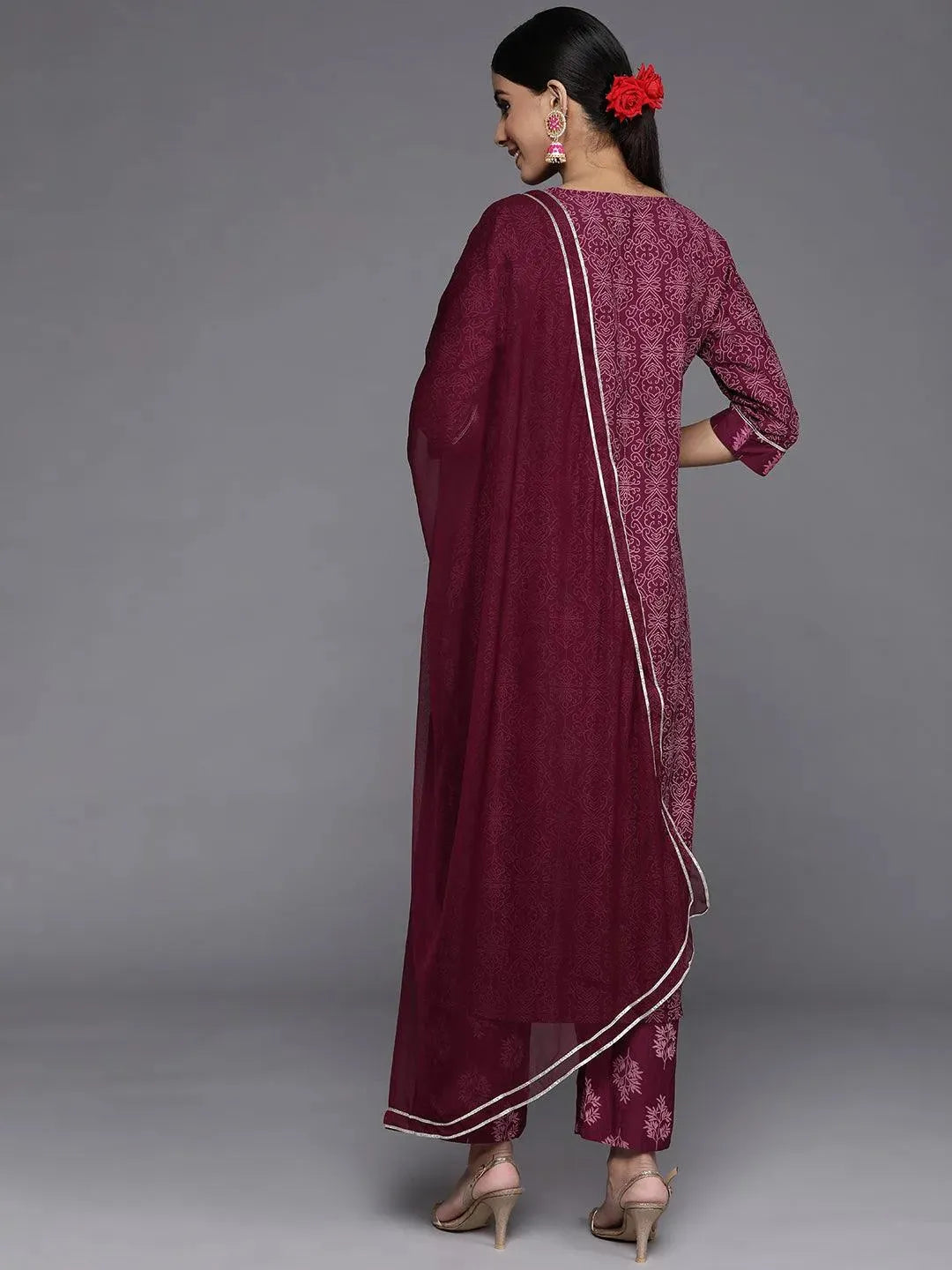 Purple Printed Silk Blend Straight Suit Set With Trousers - Libas 