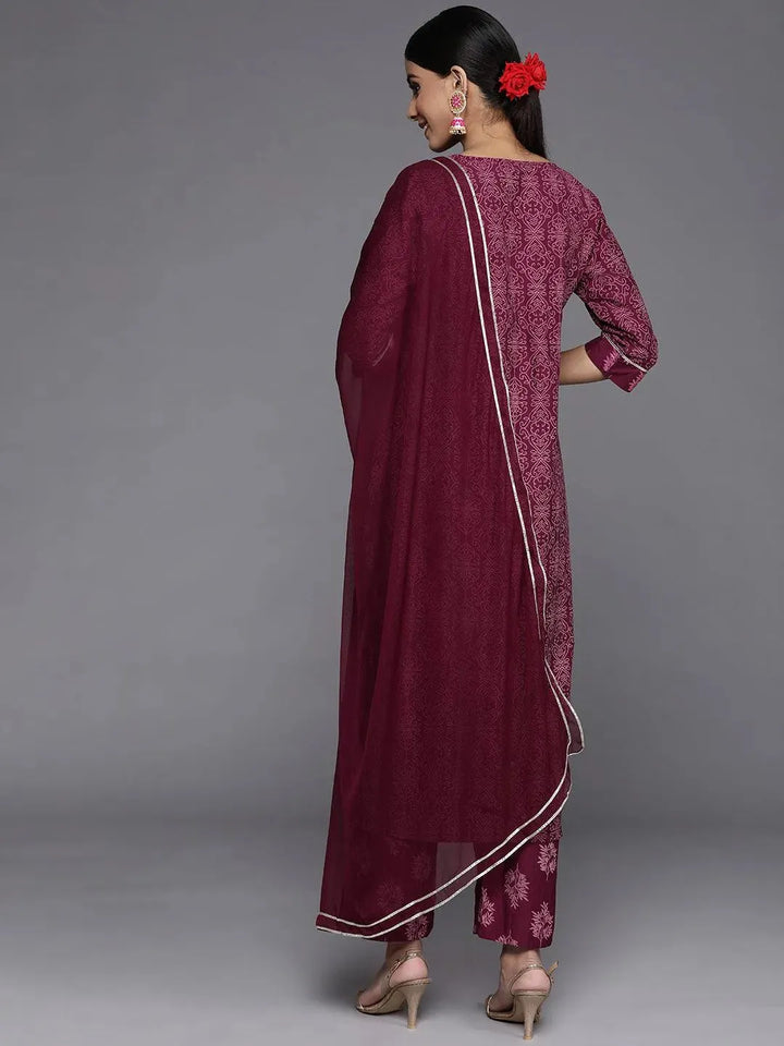 Purple Printed Silk Blend Straight Suit Set With Trousers - Libas