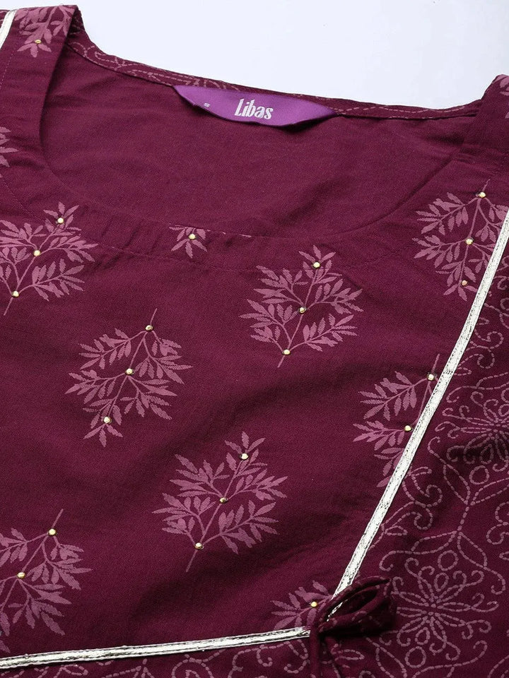 Purple Printed Silk Blend Straight Suit Set With Trousers - Libas