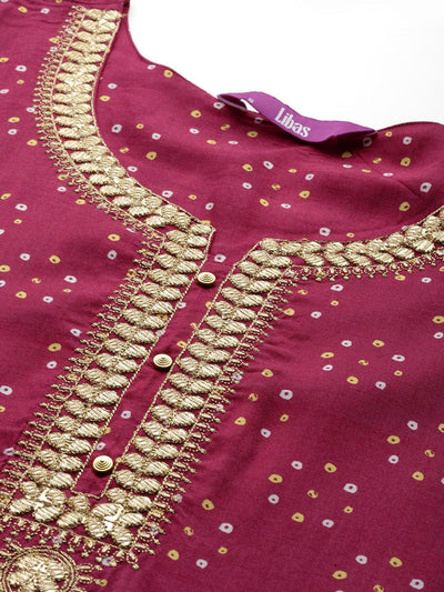 Purple Printed Silk Blend Straight Kurta With Trousers & Dupatta - Libas