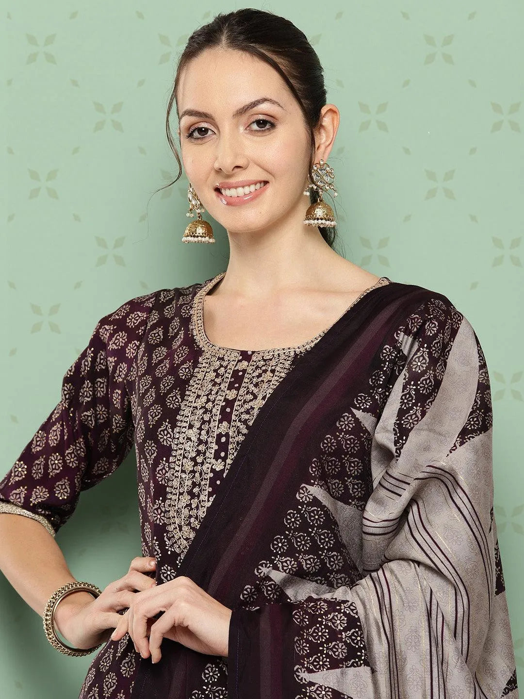 Purple Printed Silk Blend Straight Kurta With Trousers & Dupatta - Libas