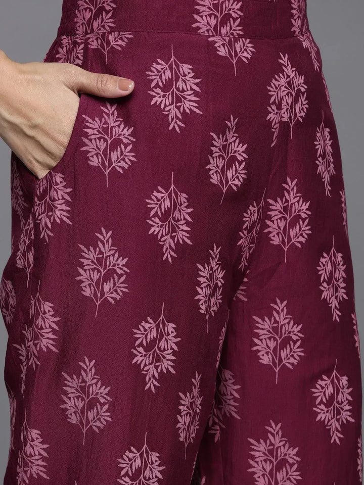 Purple Printed Silk Blend Straight Suit Set With Trousers - Libas