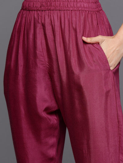Purple Printed Silk Blend Straight Kurta With Trousers & Dupatta - Libas