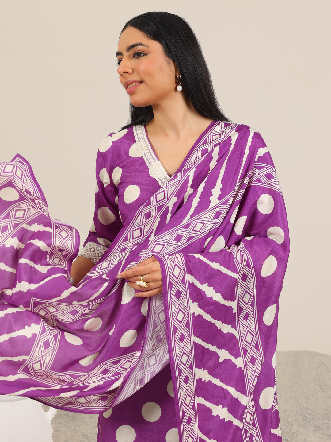  Purple Printed Silk Blend Straight Suit Set WIth Dupatta 