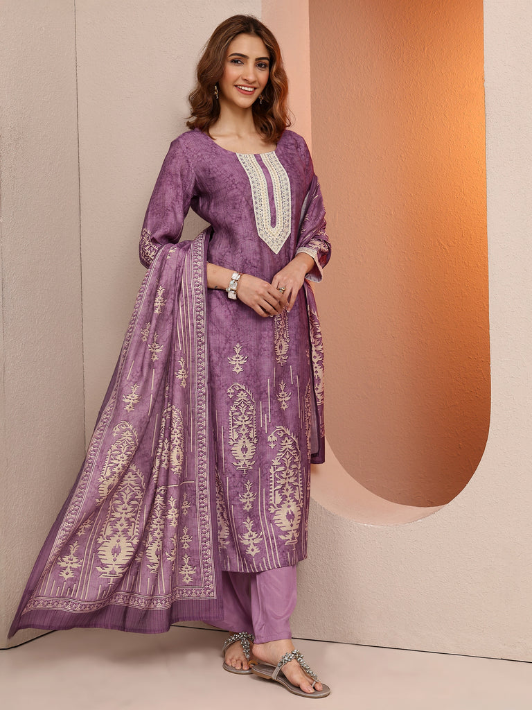 Libas Purple Printed Silk blend Straight Suit Set With Dupatta