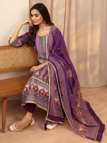 Purple Printed Silk Blend Straight Suit Set With Dupatta