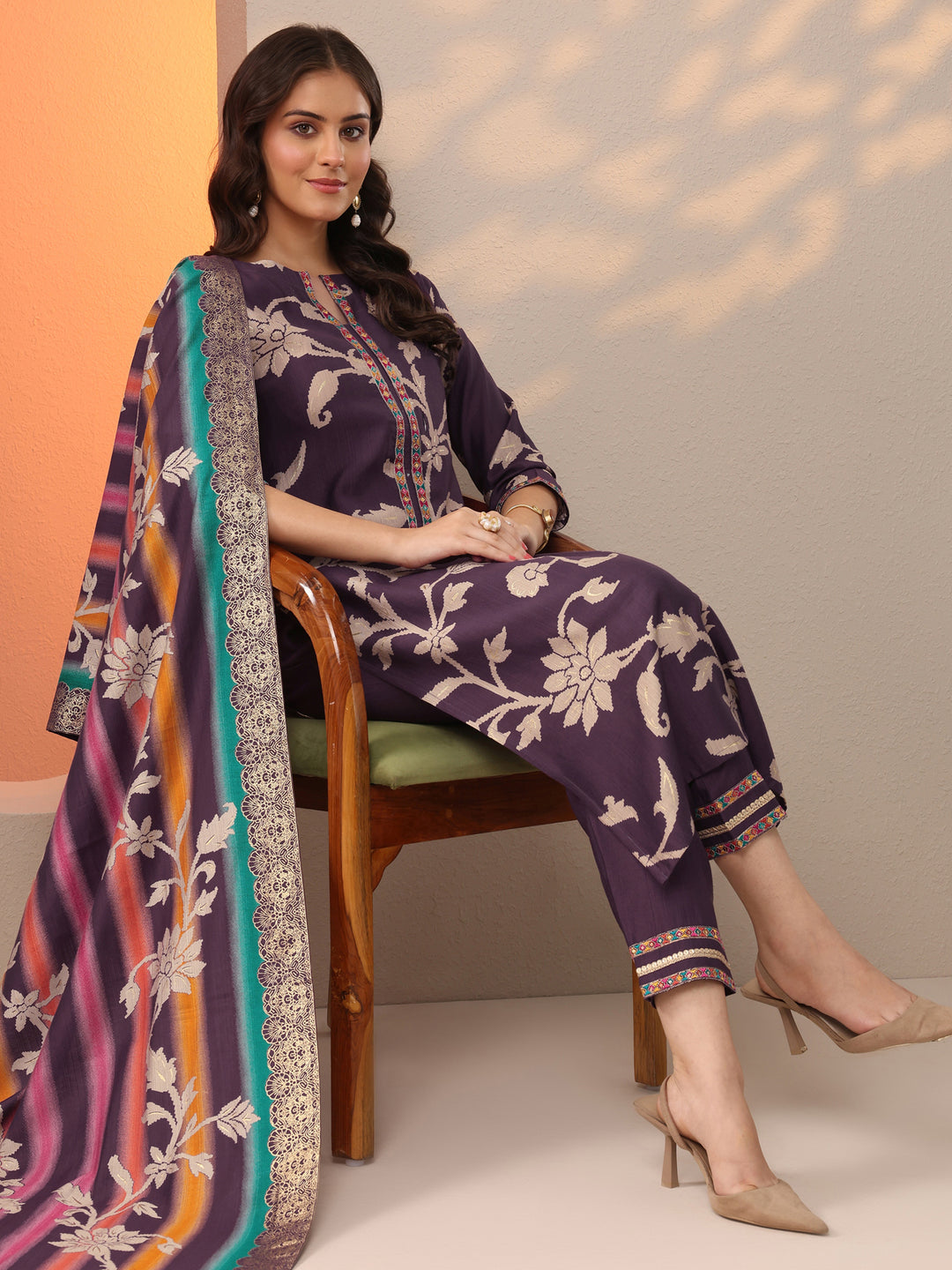 Purple Printed Silk Blend Straight Suit Set With Dupatta