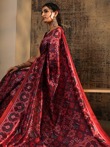 Purple Printed Silk Saree With Unstitched Blouse Piece