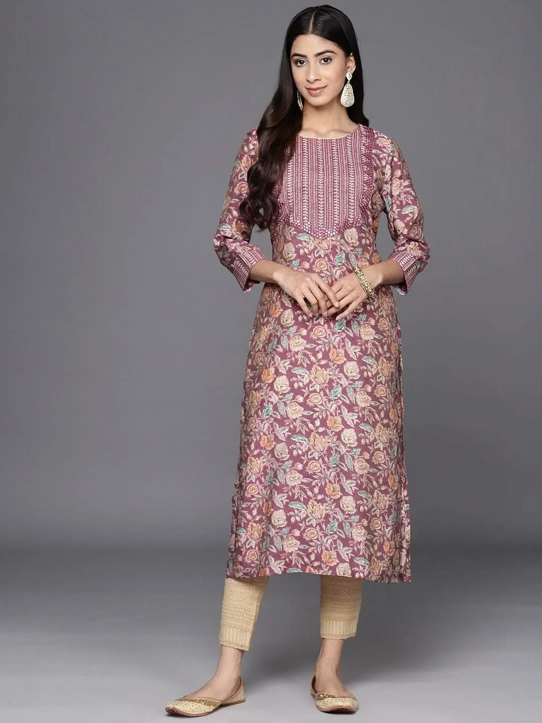 Purple Printed Silk Straight Kurta - Libas 