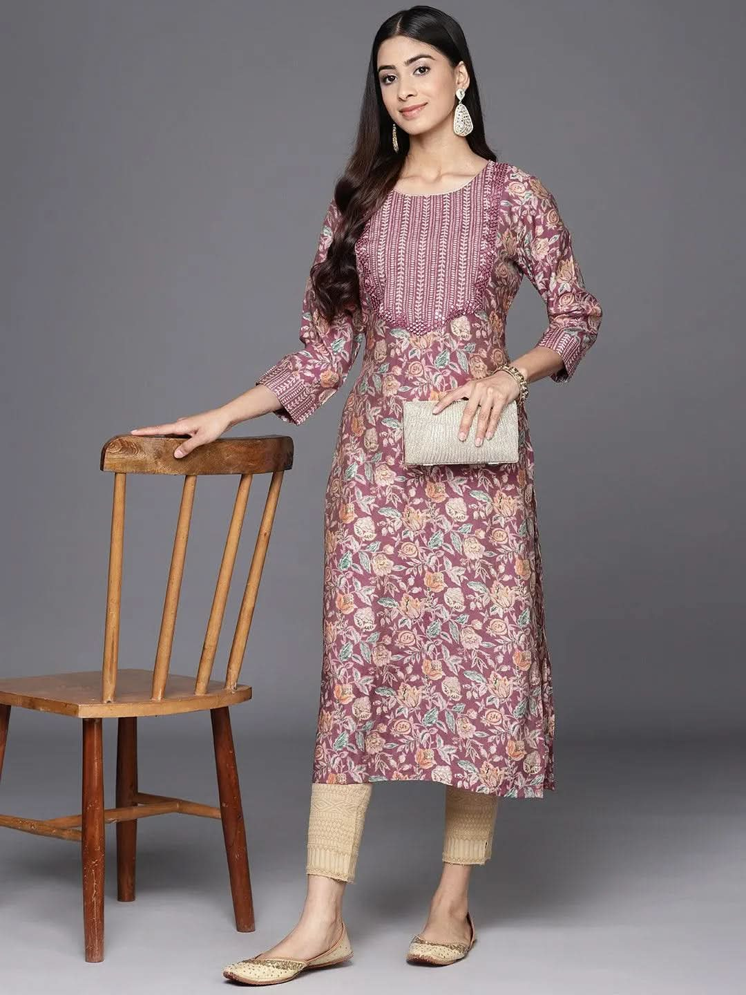 Purple Printed Silk Straight Kurta - Libas