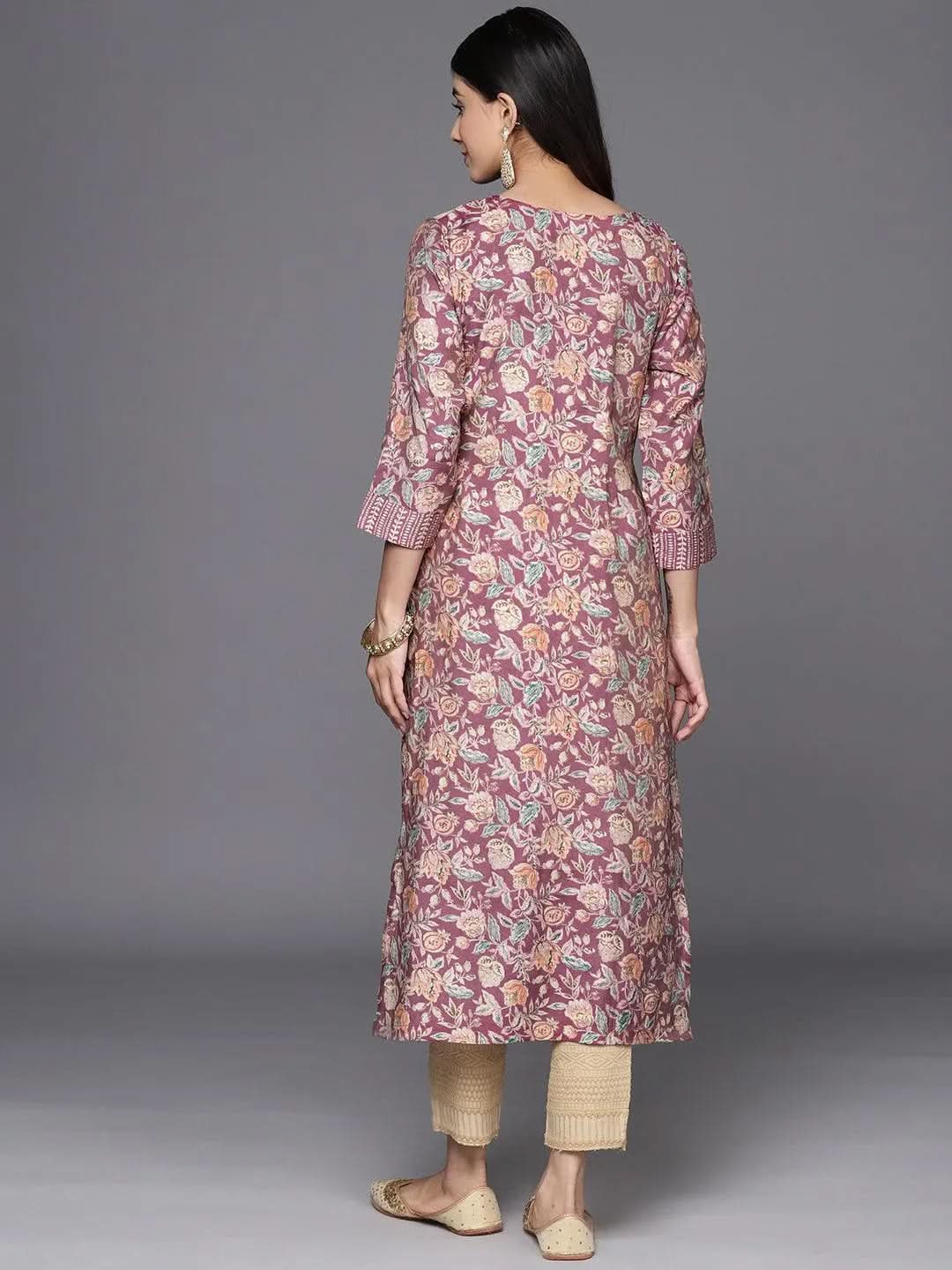 Purple Printed Silk Straight Kurta - Libas 