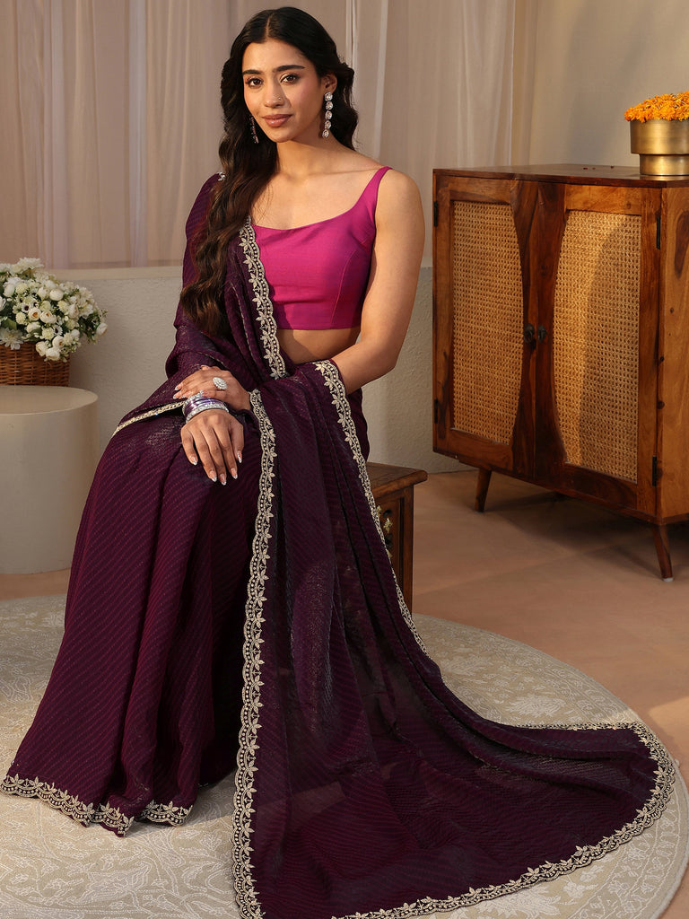 Libas Purple Printed Tissue Saree