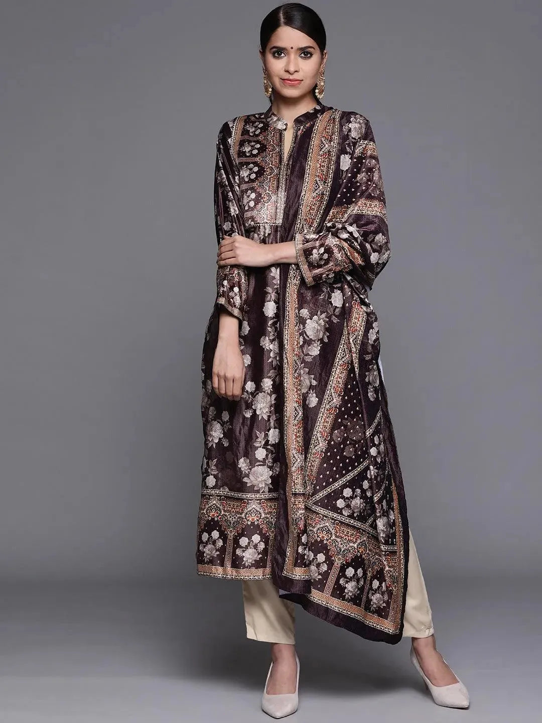 Purple Printed Velvet Suit Set - Libas