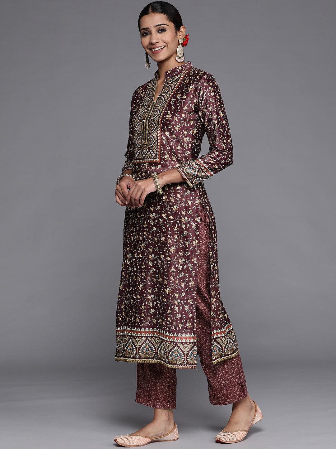 Purple Printed Velvet Straight Suit Set With Trousers - Libas