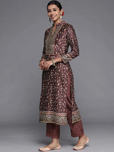 Purple Printed Velvet Straight Suit Set With Trousers - Libas