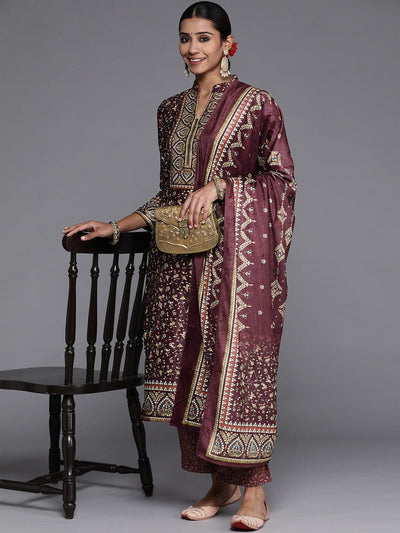 Purple Printed Velvet Straight Suit Set With Trousers - Libas