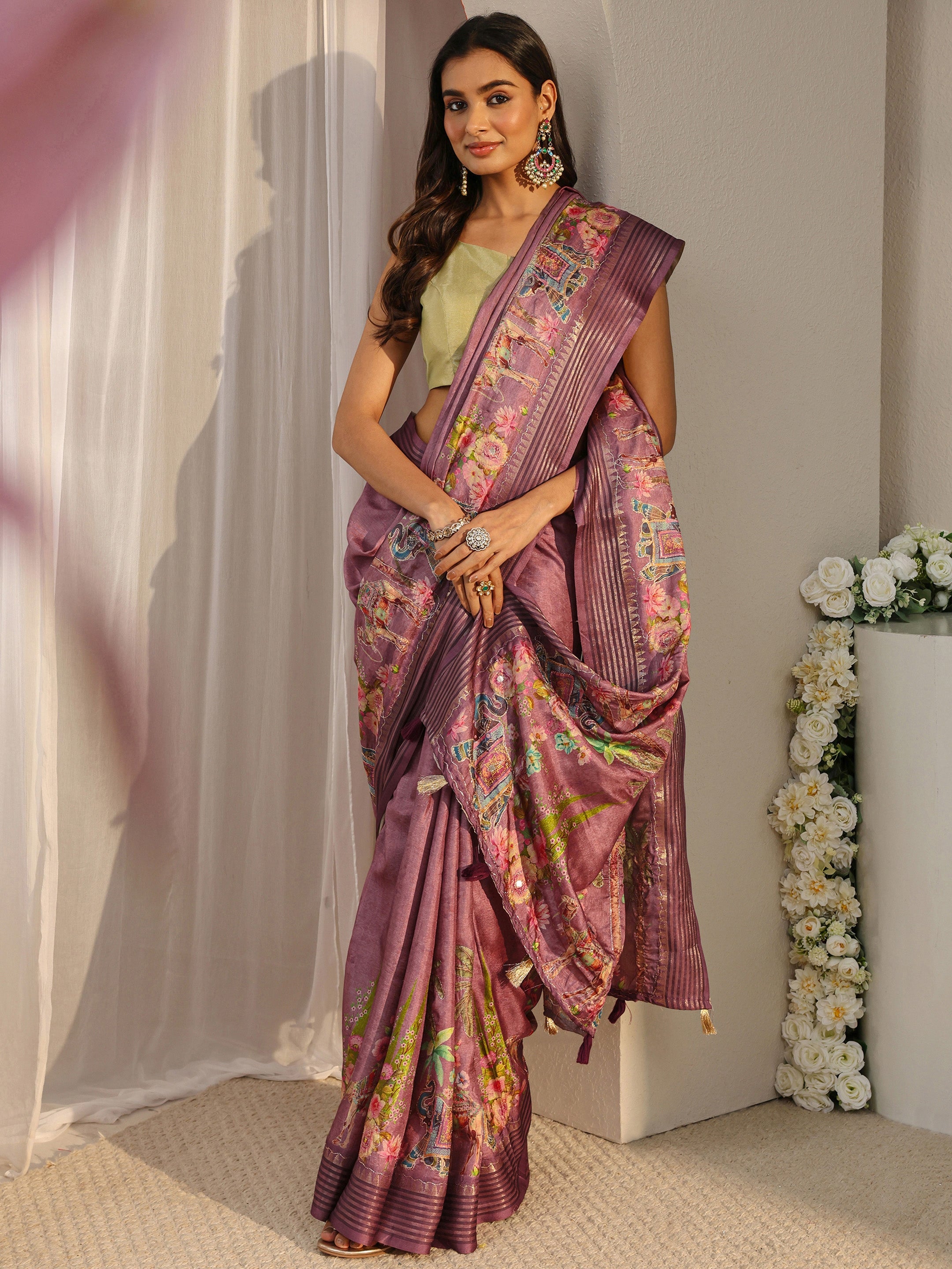 libas Purple Royal Printed Silk Blend Saree With Unstitched Blouse Piece-picture-42