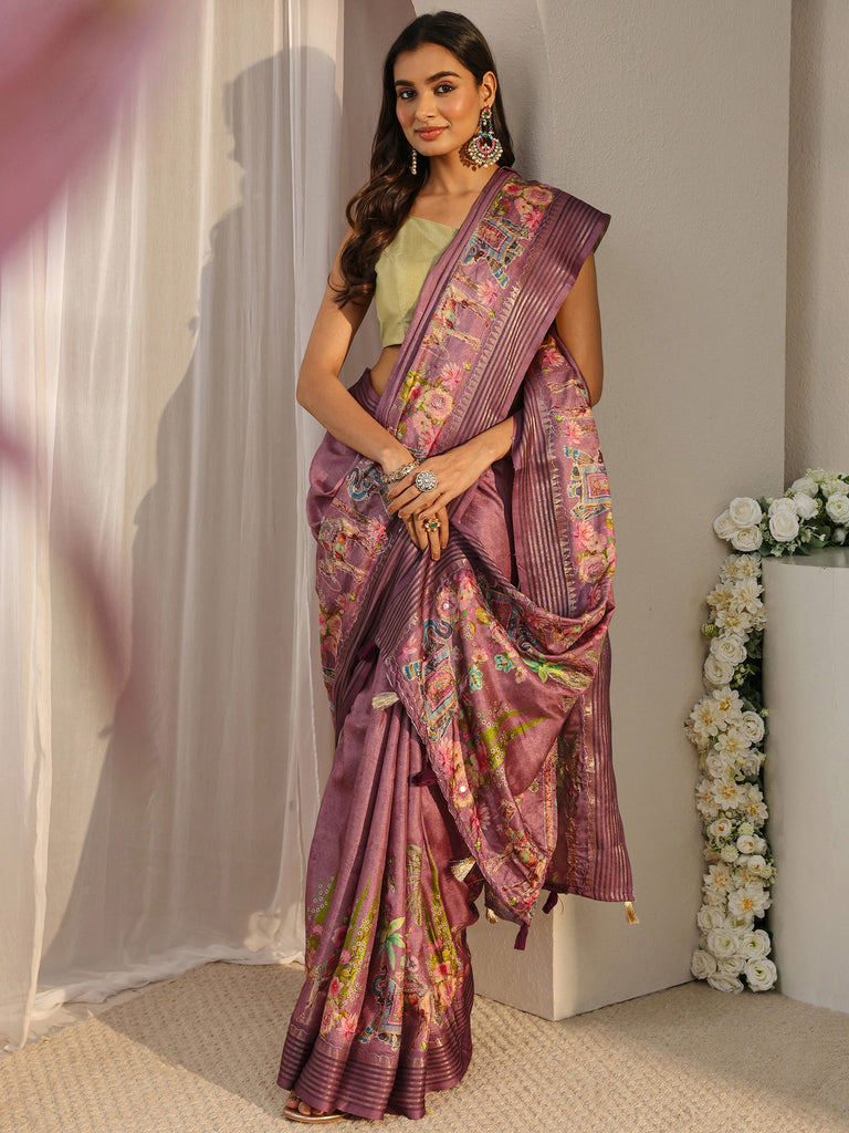 Libas Purple Royal Printed Silk Blend Saree With Unstitched Blouse Piece