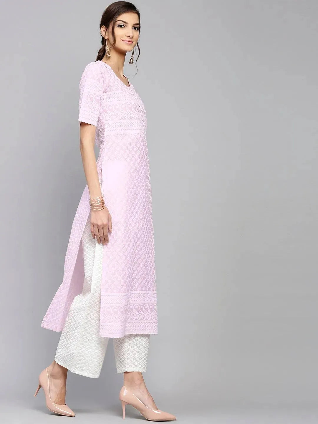 Purple Schiffli Cotton Kurta Set - Libas 