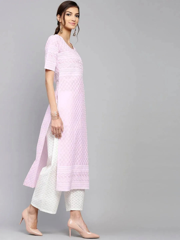 Purple Schiffli Cotton Kurta Set - Libas
