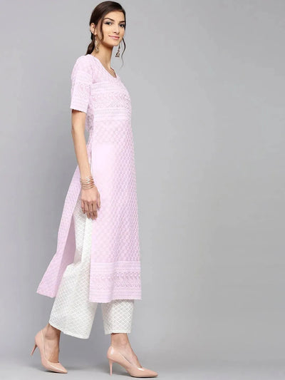 Purple Schiffli Cotton Kurta Set - Libas