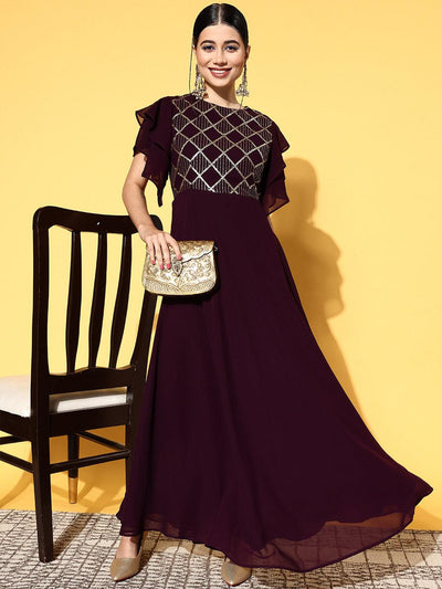 Purple Self Design Georgette Dress - Libas