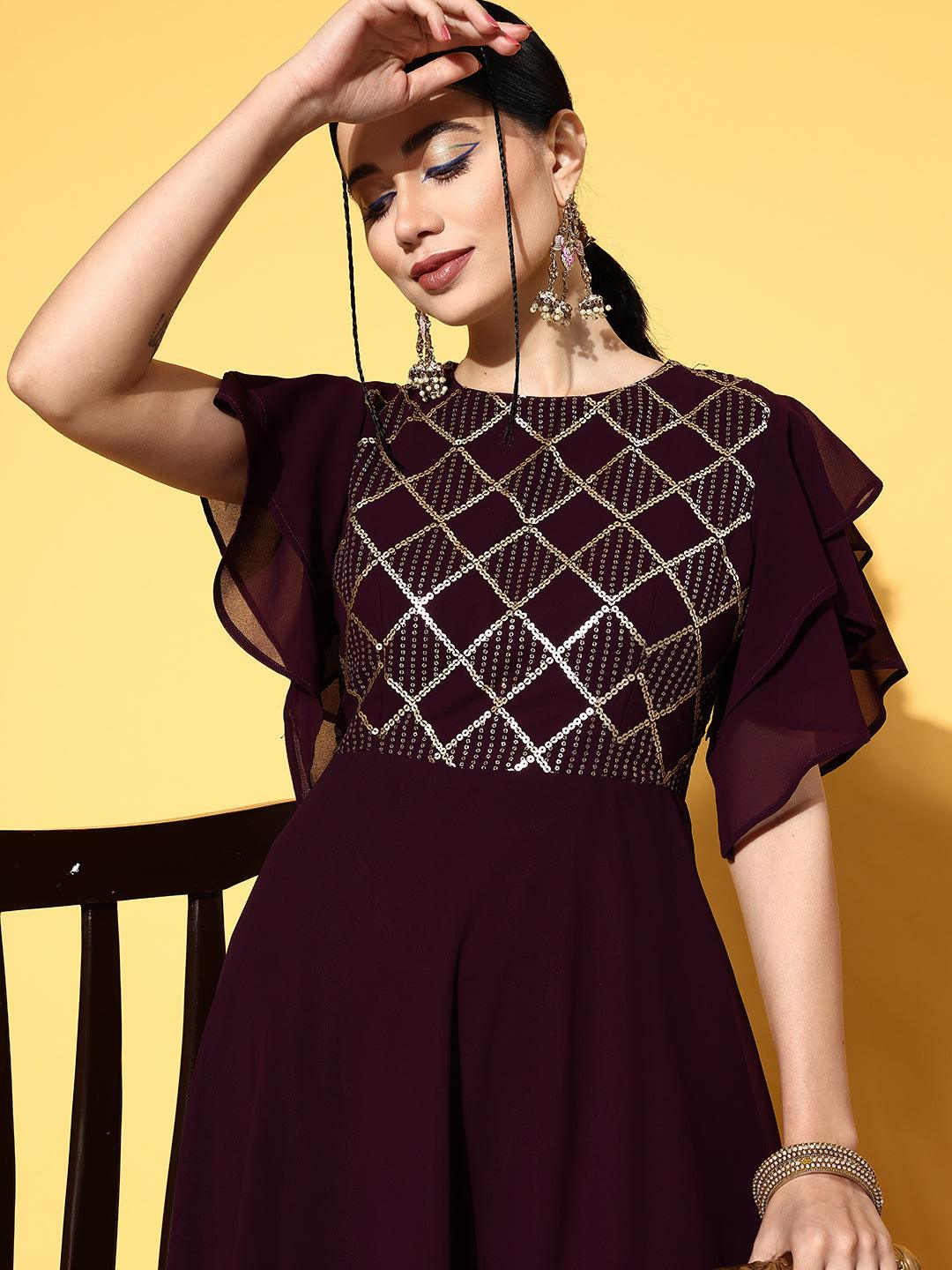 Purple Self Design Georgette Dress - Libas