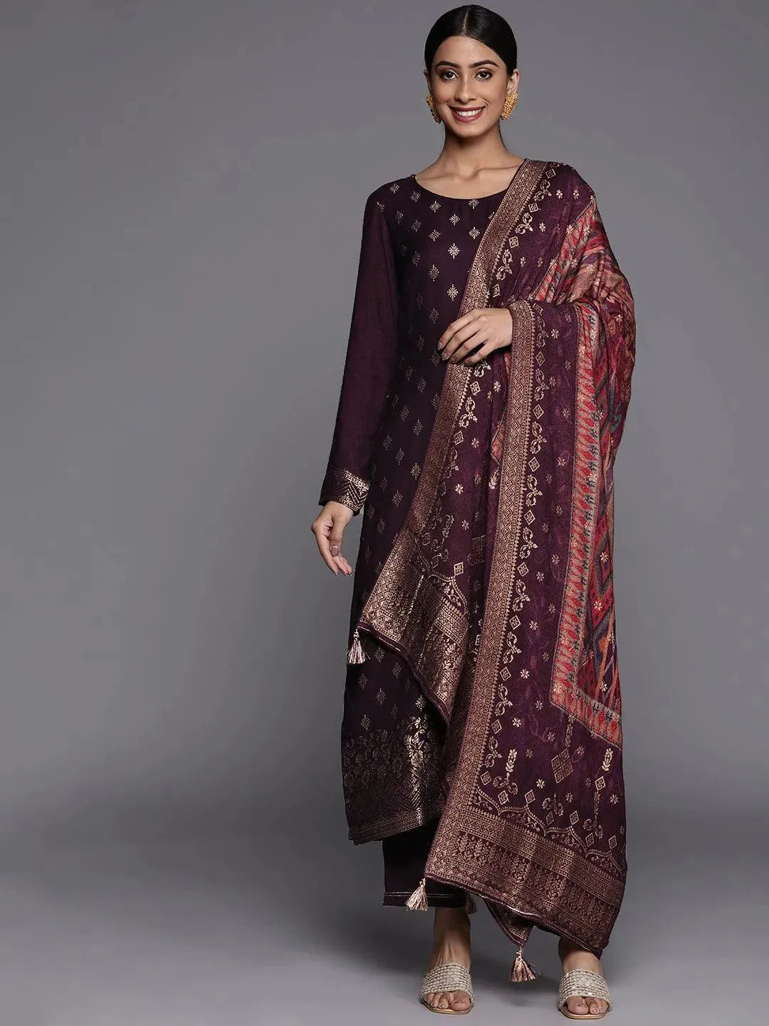 Purple Self Design Pashmina Wool Straight Suit Set - Libas 