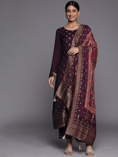 Purple Self Design Pashmina Wool Straight Suit Set - Libas