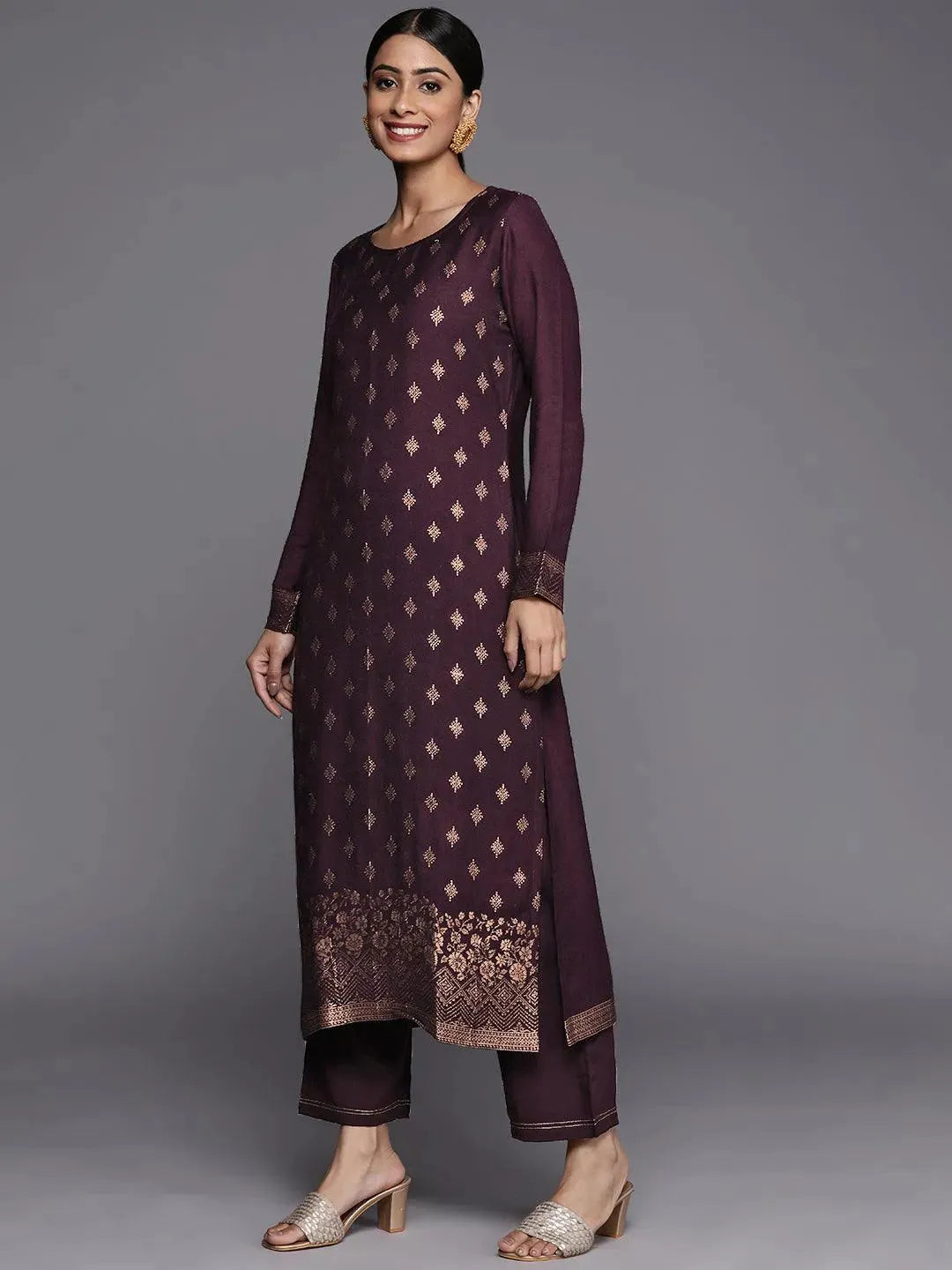 Purple Self Design Pashmina Wool Straight Suit Set - Libas 