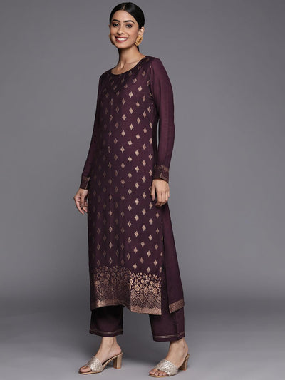 Purple Self Design Pashmina Wool Straight Suit Set - Libas