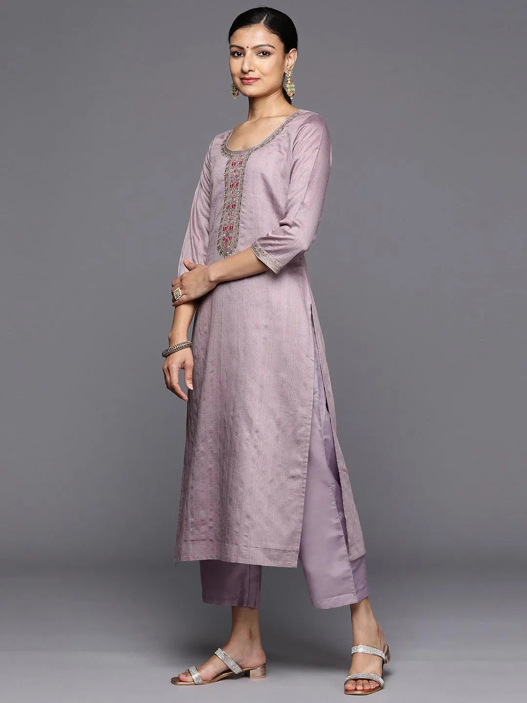 Purple Self Design Rayon Straight Kurta With Trousers & Dupatta - Libas 