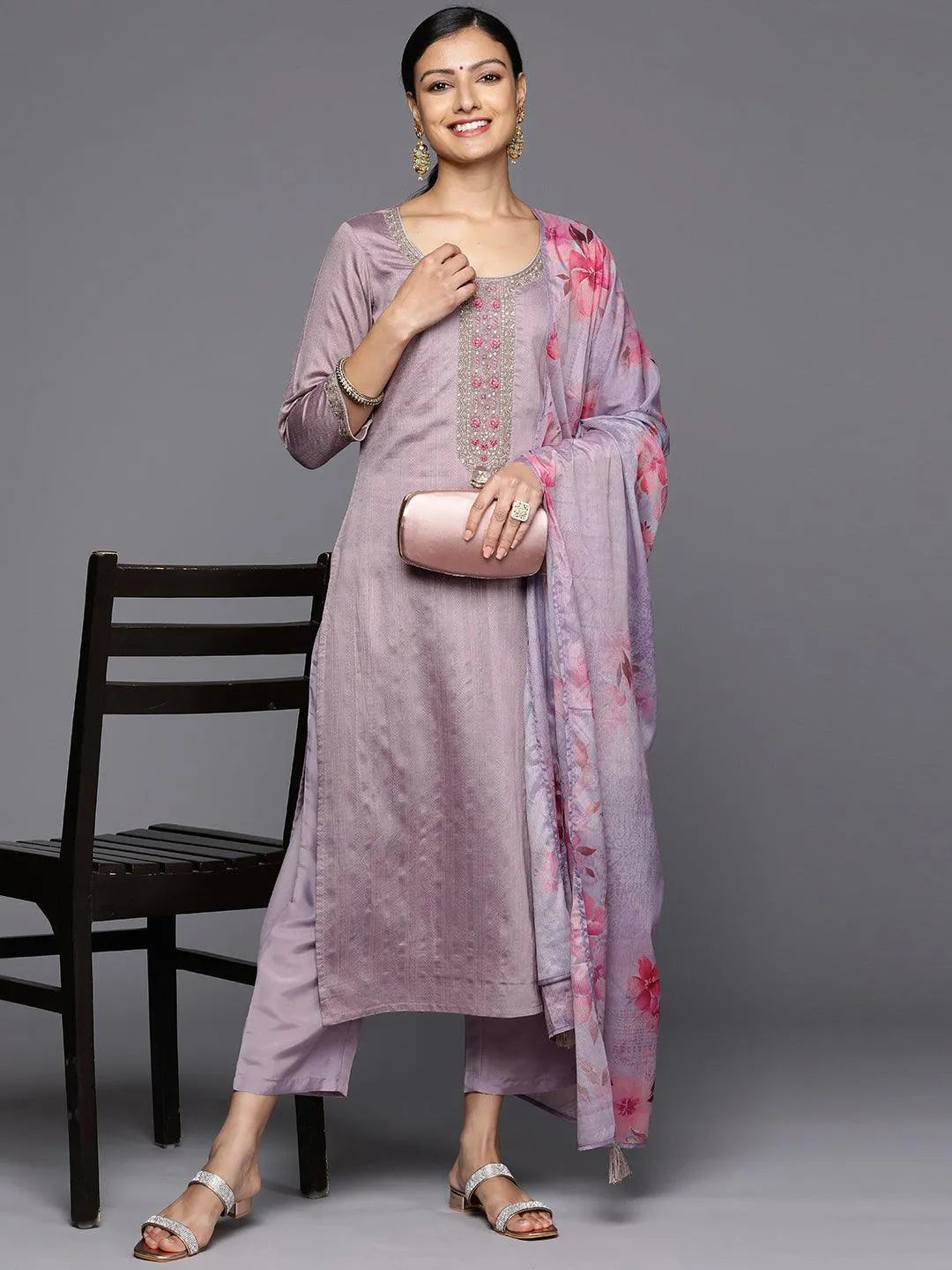 Purple Self Design Rayon Straight Kurta With Trousers & Dupatta - Libas 