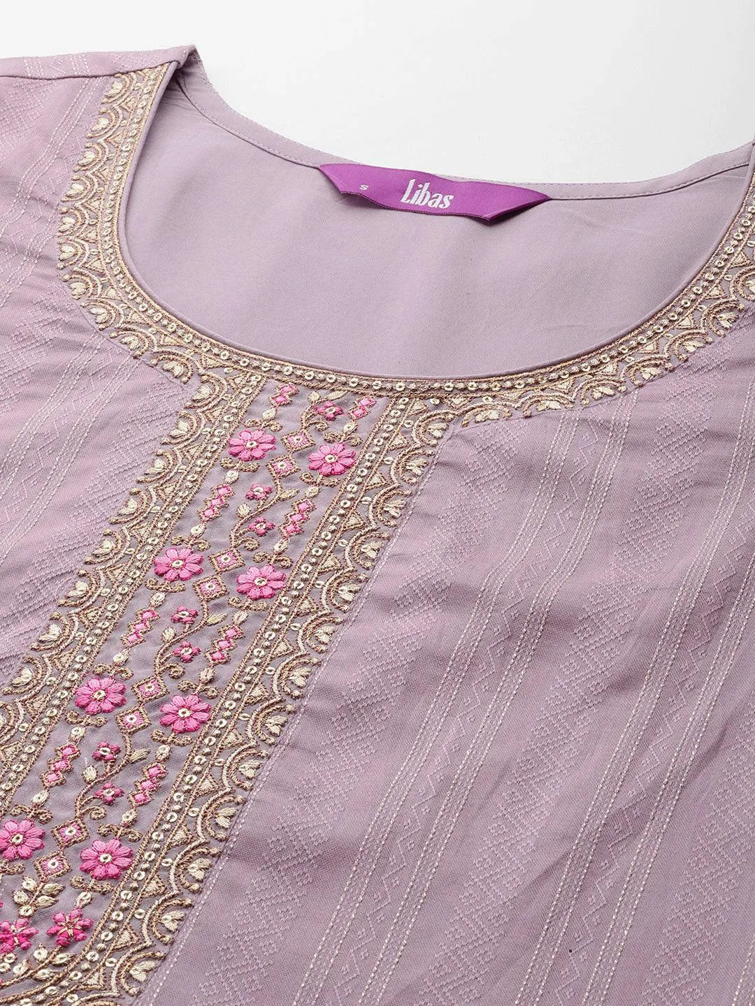 Purple Self Design Rayon Straight Kurta With Trousers & Dupatta - Libas 