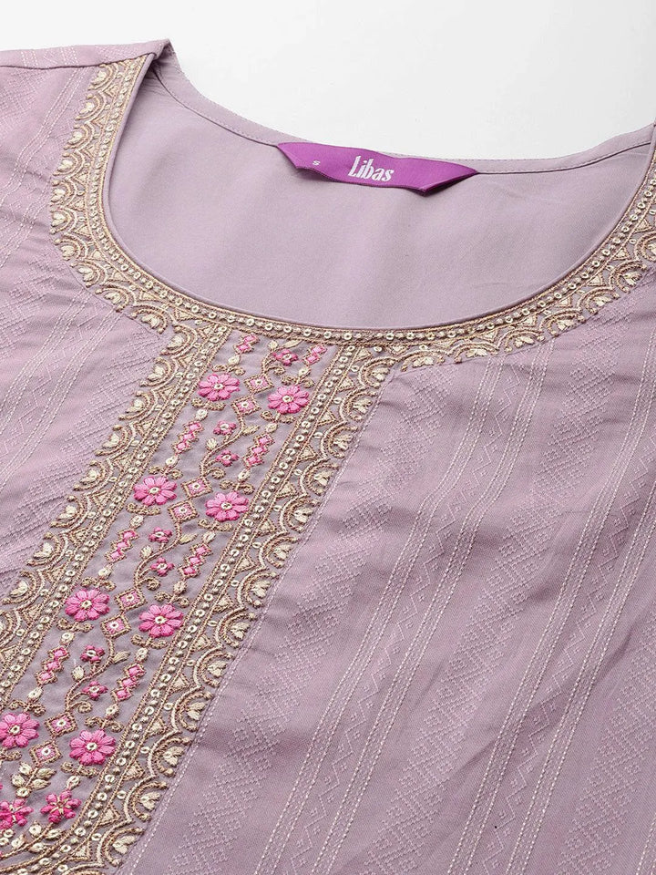 Purple Self Design Rayon Straight Kurta With Trousers & Dupatta - Libas