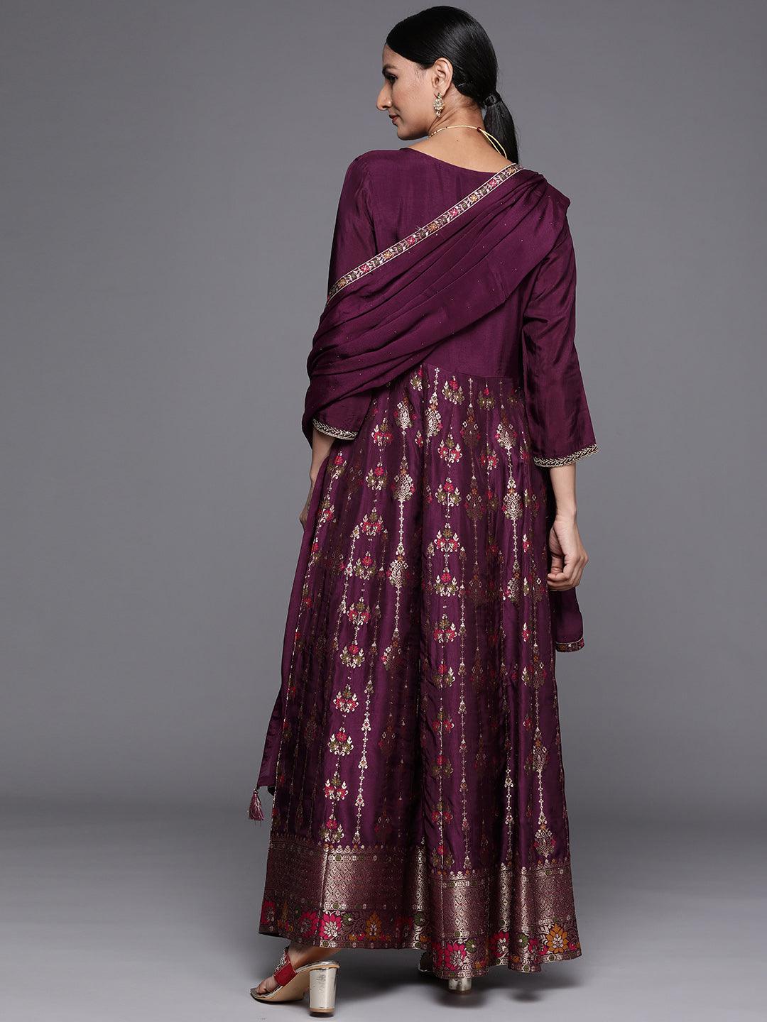 Purple Self Design Silk Anarkali Kurta With Churidar & Dupatta