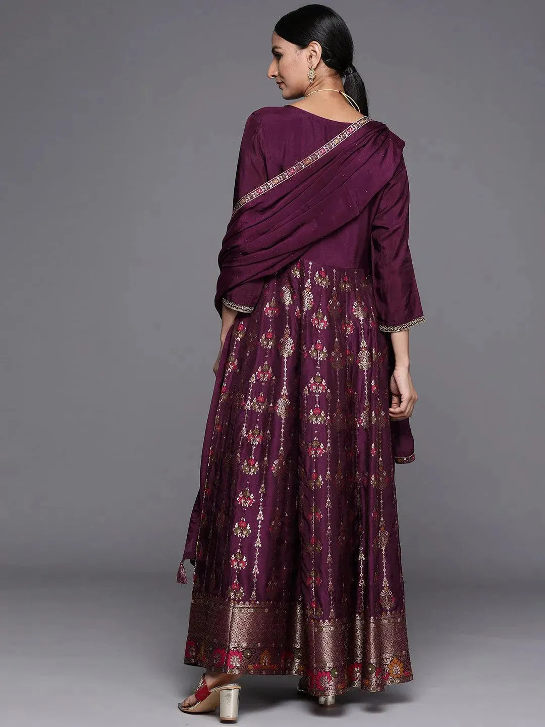 Purple Self Design Silk Anarkali Suit Set - Libas