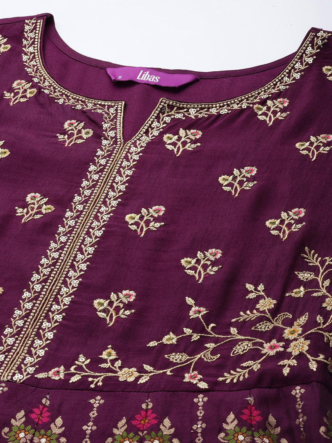 Purple Self Design Silk Anarkali Suit Set - Libas