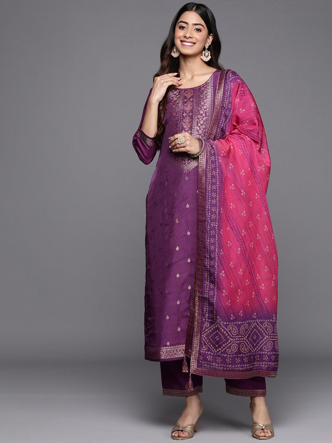 Purple Self Design Silk Blend Straight Kurta With Trousers & Dupatta