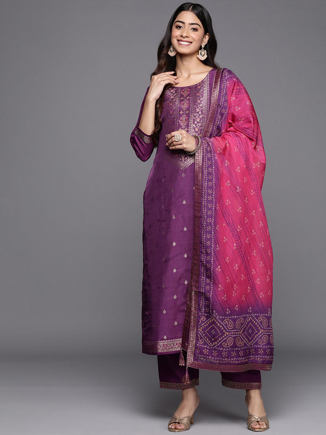 Buy Purple Self Design Silk Blend Straight Kurta With Trousers ...