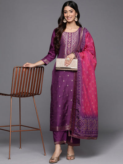Purple Self Design Silk Blend Straight Suit Set With Trousers - Libas