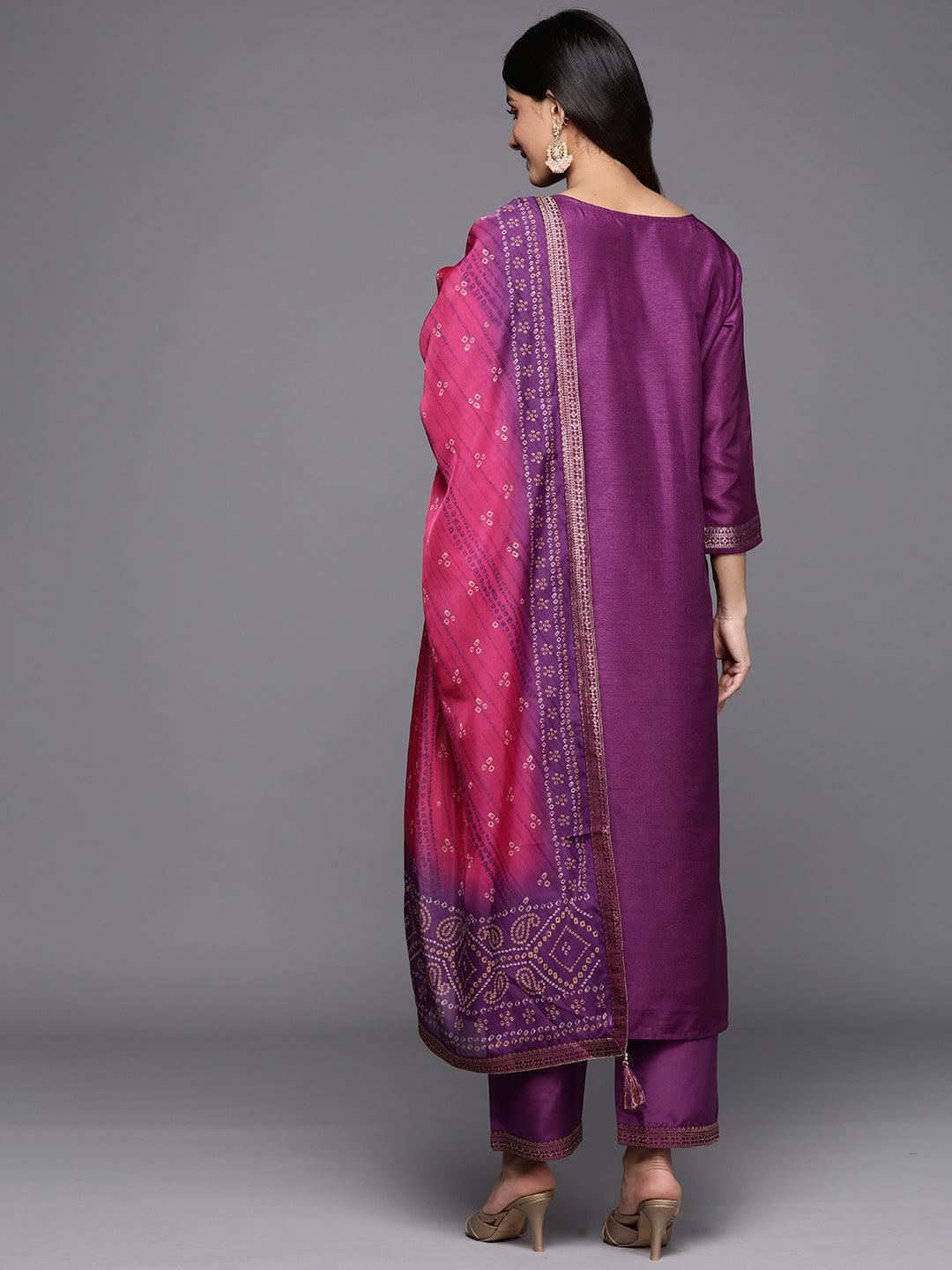 Purple Self Design Silk Blend Straight Kurta With Trousers & Dupatta