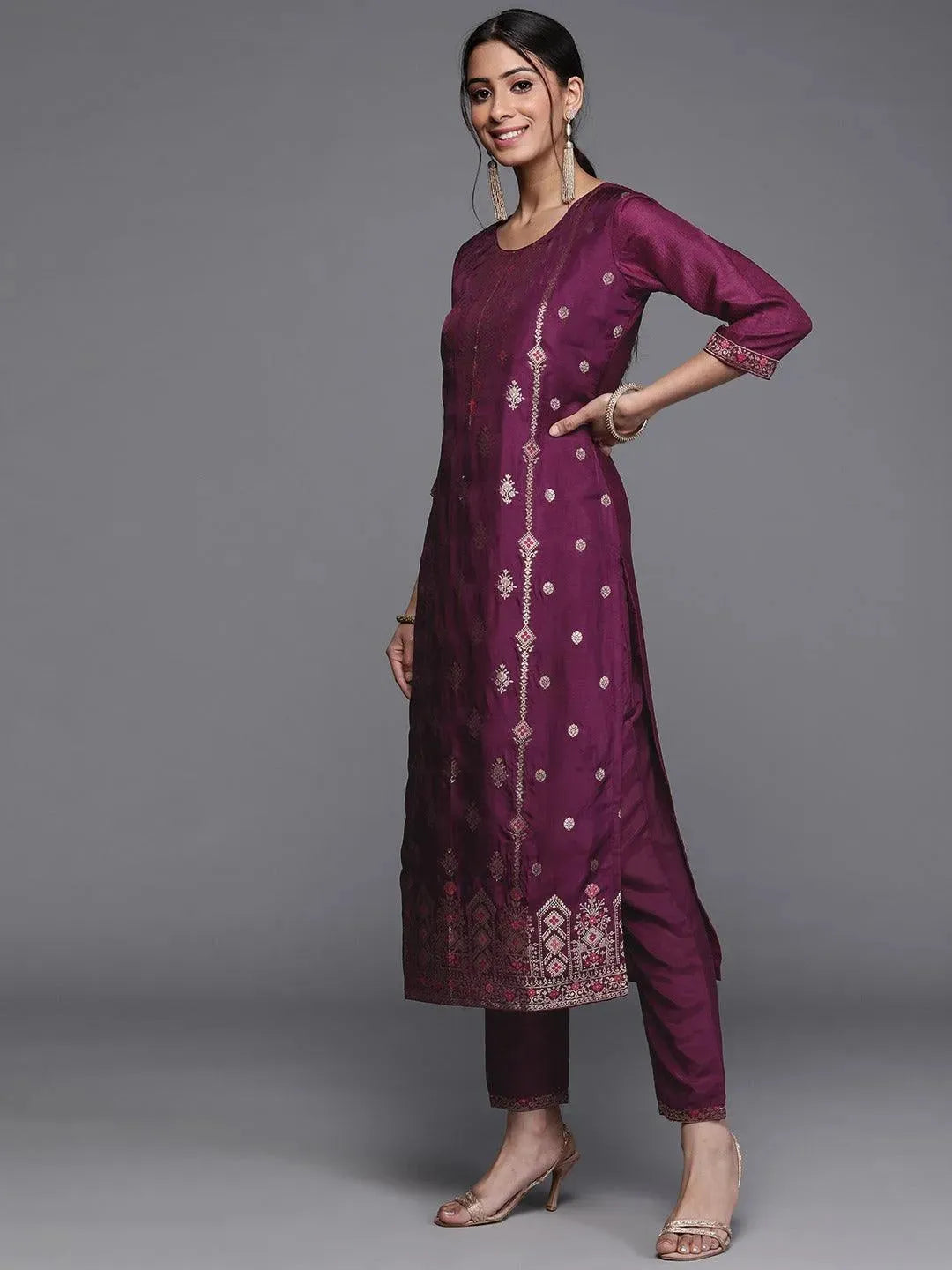 Purple Self Design Silk Suit Set - Libas