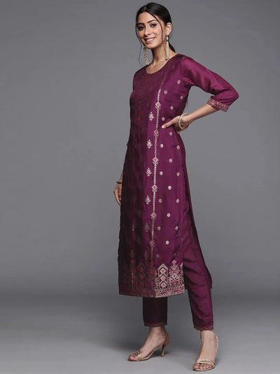 Purple Self Design Silk Suit Set - Libas