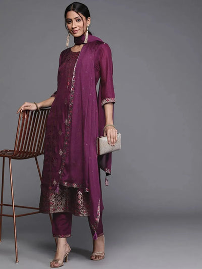 Purple Self Design Silk Suit Set - Libas