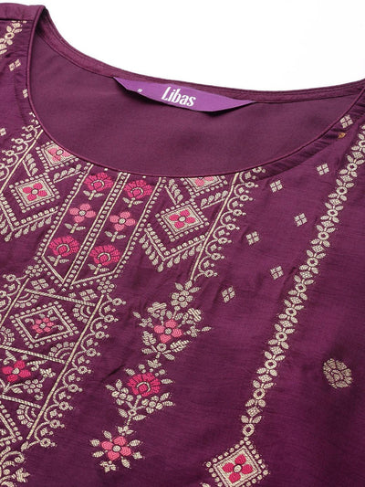 Purple Self Design Silk Suit Set - Libas