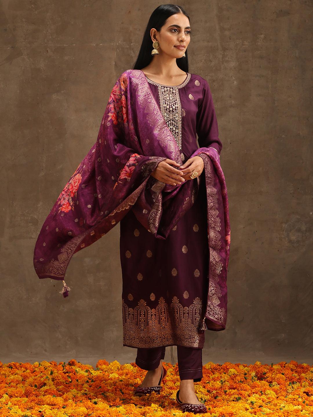 Purple Self Design Silk Straight Kurta With Trousers & Dupatta