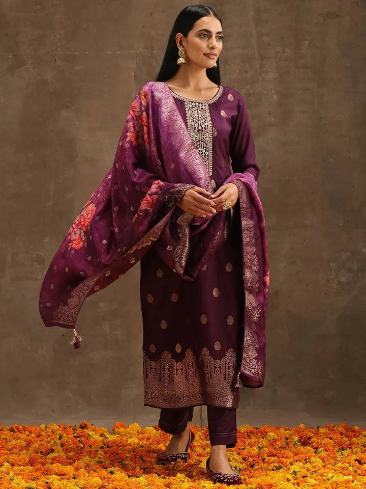 Purple Self Design Silk Suit Set With Trousers - Libas