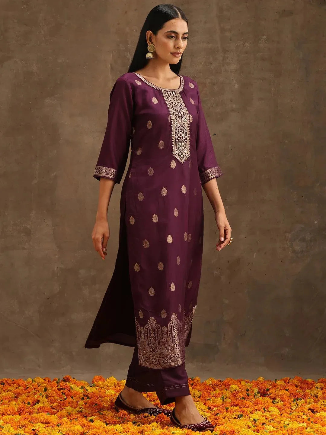 Purple Self Design Silk Suit Set With Trousers - Libas 