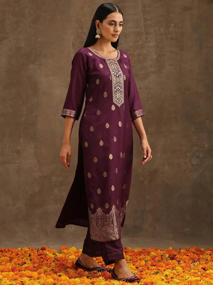 Purple Self Design Silk Suit Set With Trousers - Libas
